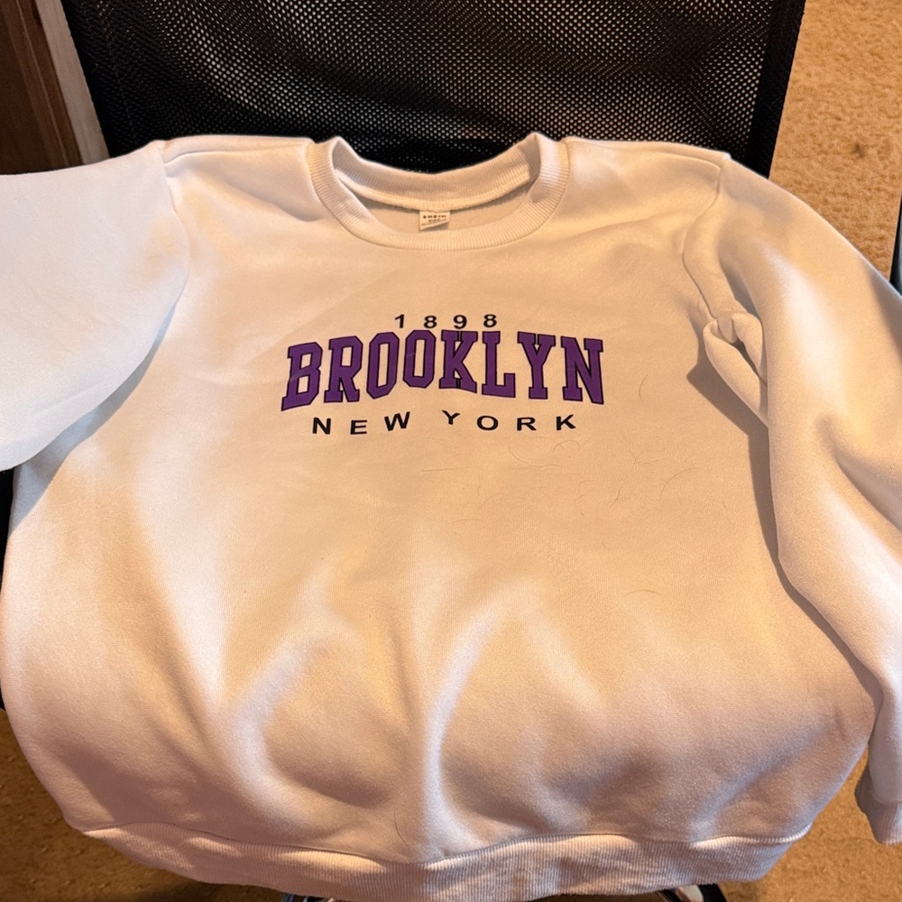 SHEIN White Crewneck Sweatshirt with Purple "Brooklyn New York" Logo